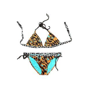 Xhilaration Womens Bikini Set Orange Turquoise Leaf Print Halter Style Size S
